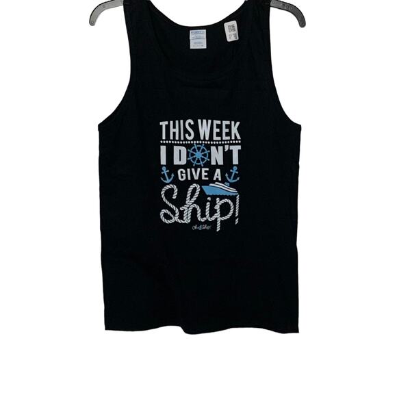 PORT & COMPANY (CRUSING) TANK TOP, MENS, S, BLACK W/WHITE LETTERS, BLUE GRAPHICS - Picture 1 of 8